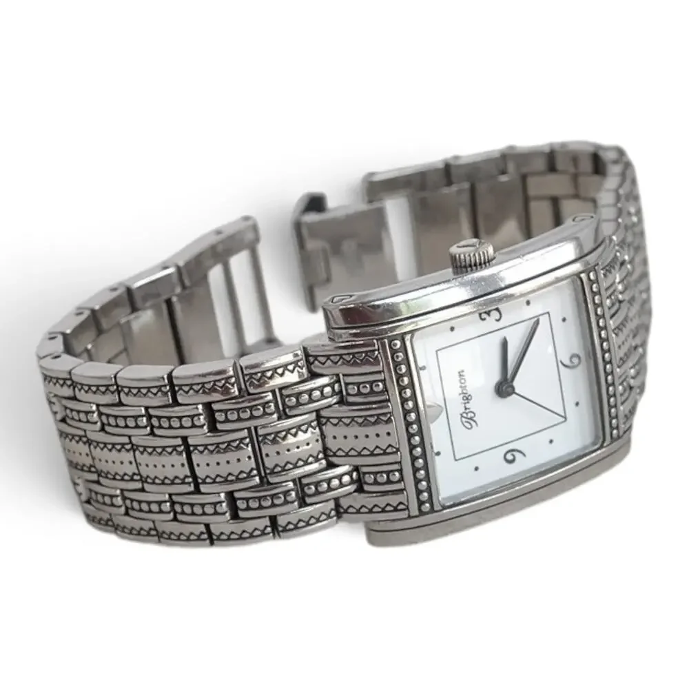 Brighton Napa Watch Wide Woven Band Silver Plated Fold Over Clasp Retired